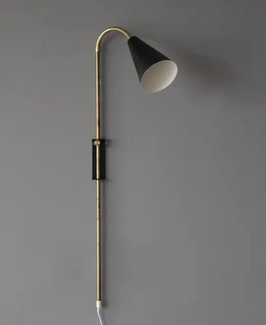 Swedish Adjustable Wall Light Task Light Black Lacquer Metal Brass Sweden 1950s
