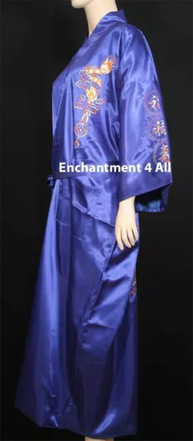 Handmade Embroidered DRAGON Design DOUBLE HAPPINESS Silk Satin Kimono Robe, Navy 2