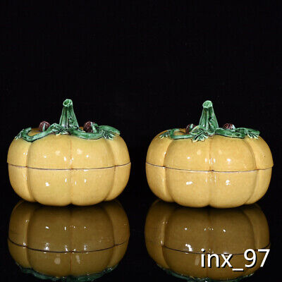 4.8" China antique porcelain Five cai hand painted pumpkin powder box a pair