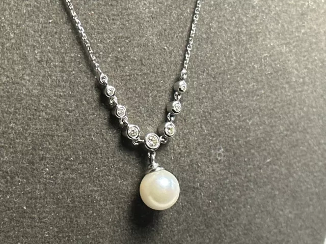 14K WHITE GOLD Diamond Pearl Necklace 3.63g Fine Jewelry 17.5