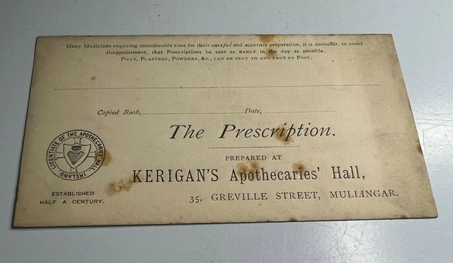 Antique Prescription Envelope  Kerigan's Apothecaries Hall Greville St Mullingar