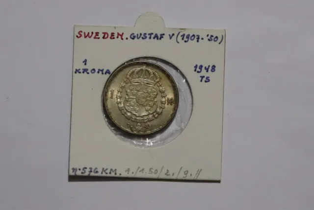 🧭 🇸🇪 Sweden 1 Krona 1948 Ts Silver High Grade B53 Cm14-10