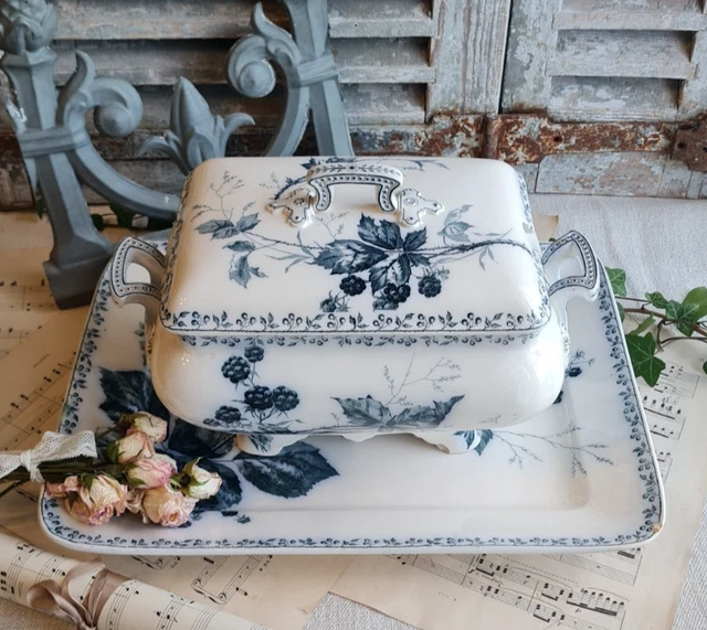Soupière Ancienne En Céramique - Décor Roses Bleues/vertes - Creil