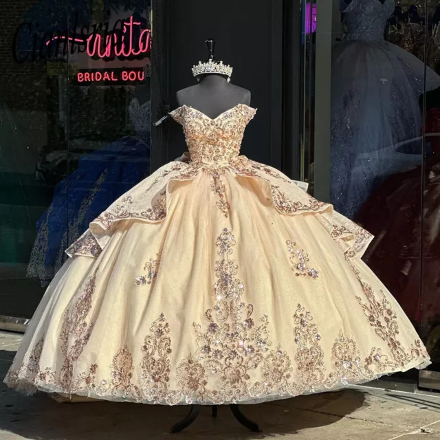 Gold Quinceanera Dresses Beaded Off The Shoulder Sweet 15 Girls Party Ball Gowns