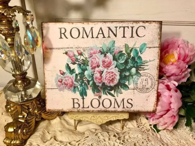 Flores románticas, shabby chic, rosas rosadas, letrero/placa artesanal