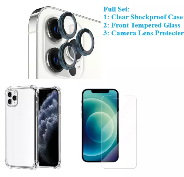 Komplettset iPhone 15 Pro Max 14 13 12 durchsichtige Hülle + Kameraglas + Displayschutzfolie