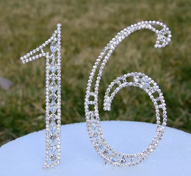 Large Rhinestone Silver Crystal Sweet Sixteen 16 Birthday Number Cake Topper