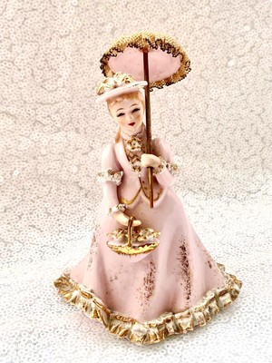 Geo Z Lefton Vintage Lady Pink Figurine Spaghetti Trim Parasol Umbrella KW10301