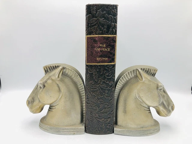Brutalist Art Deco TROJAN HORSE HEAD BOOKENDS Bronze Cast Iron Metal pair