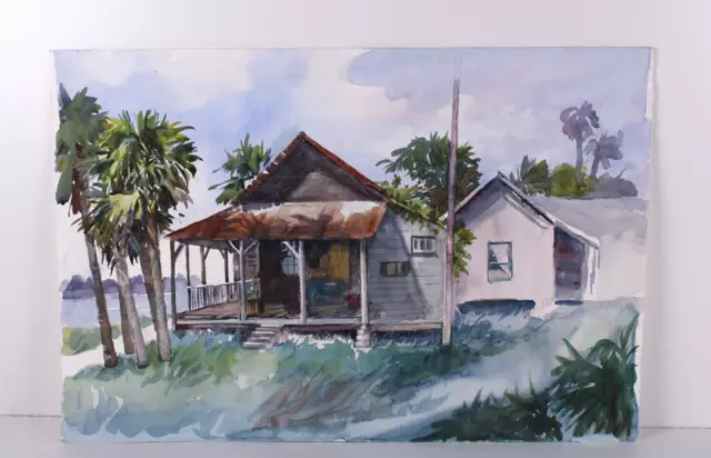 Vintage Old Florida Waterfront Landscape Scene Watercolor Painting Unsigned