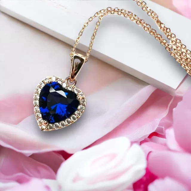 Lab Made Bright Blue Sapphire Heart Pendant Sterling Silver 925