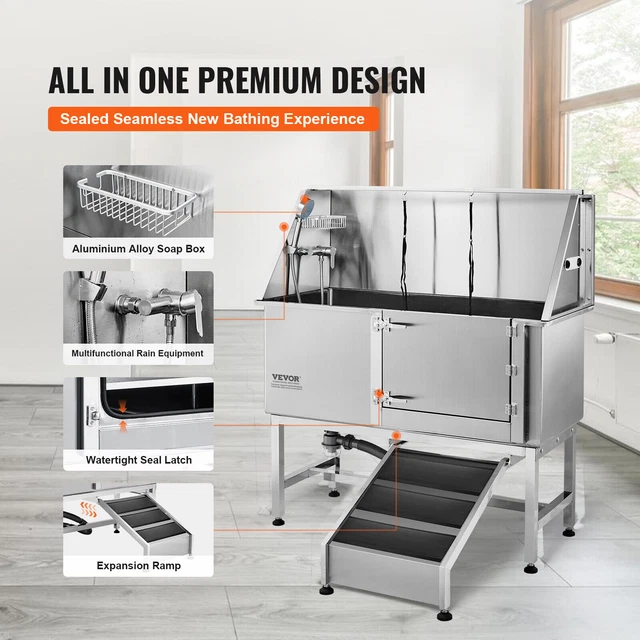 Vasca Toelettatura Cani Acciaio Inox VEVOR - Con Scale E Doccia, Porta Fino A 200kg | Per Cani Grandi E Professionisti - Foto 8