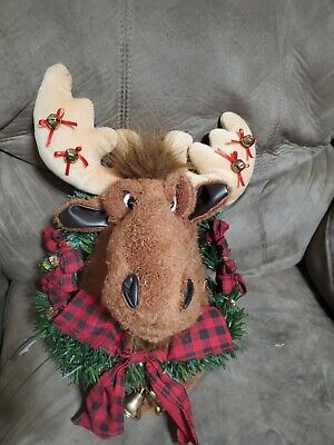 Singing Plush Moose Head Christmas Lights Wreath Wall Mount Motion Activate