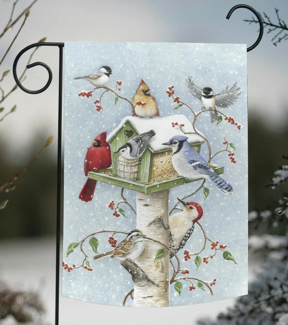 Toland Winter Birds 12x18 Snow Birdhouse Berries Cardinal Jay Garden Flag