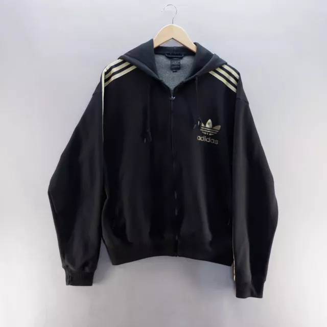 Adidas Track Jacket XL Black Gold Trefoil Full Zip Tracksuit Top Hooded Mens