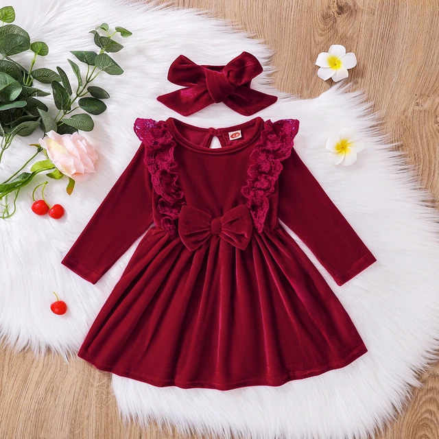 Baby Girls Long Sleeve Velvet Dress Fall Winter Christmas Party Dresses Headband