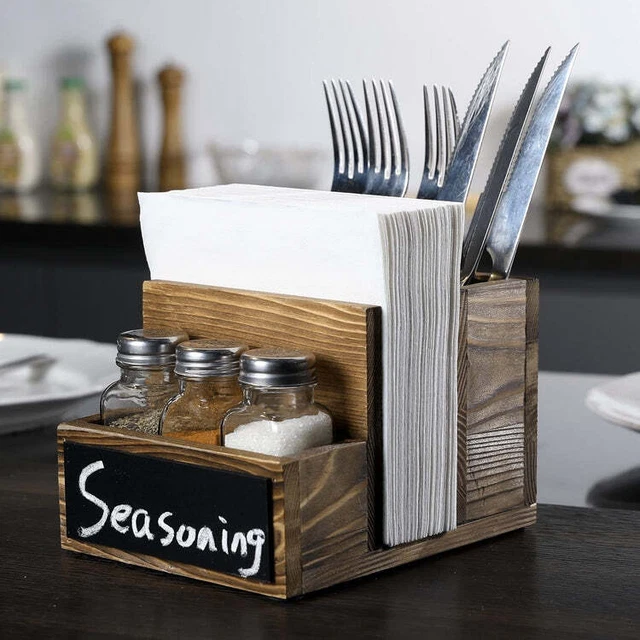 Brown Wood Napkin Holder with Utensil Organizer, 3 Glass Shakers & Chalkboard