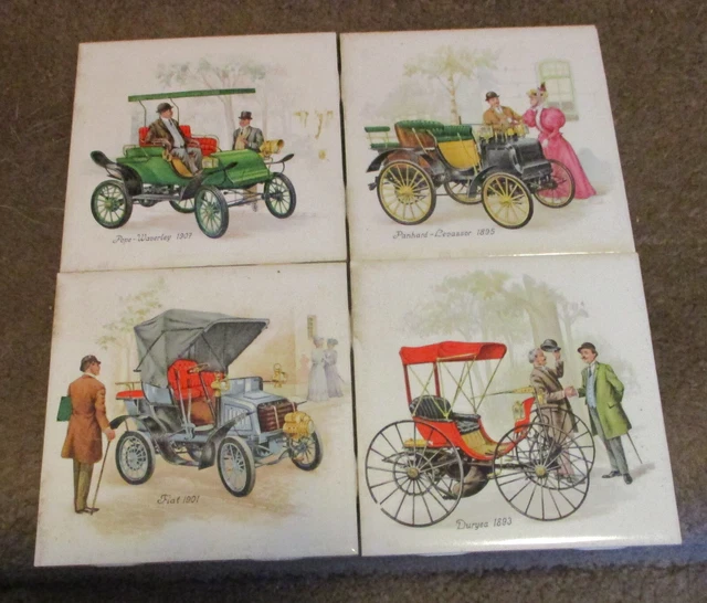 4 Vintage H&R Johnson Ceramic Tiles Veteran Cars Fiat Duryea Pope Waverley
