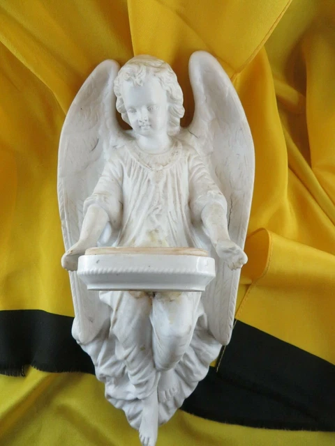 ancien grand benitier biscuit  ange angelot putti mural  29 cm !! XIXe