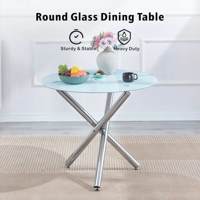 Round Marble Tempered Glass Dining Table Silver Chromed Legs Dining Room Kitchen