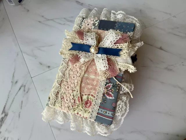 Up-cycled Book And Scrap Fabric Shabby Chic Blue With Pink Lacy Journal 2