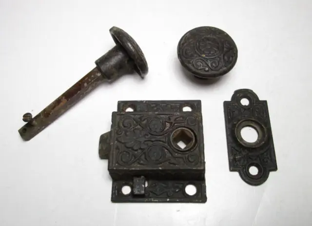 Antique Cast Iron Ornate Eastlake Victorian Screen Door Knob Latch Hardware