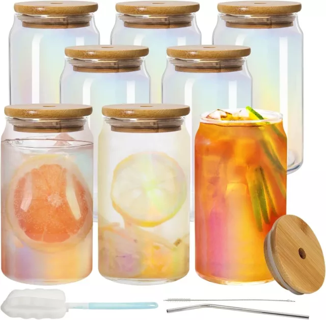 8-Pack Drinking Glasses Set with Bamboo Lids & Straws - 16oz Glass Tumblers - A9