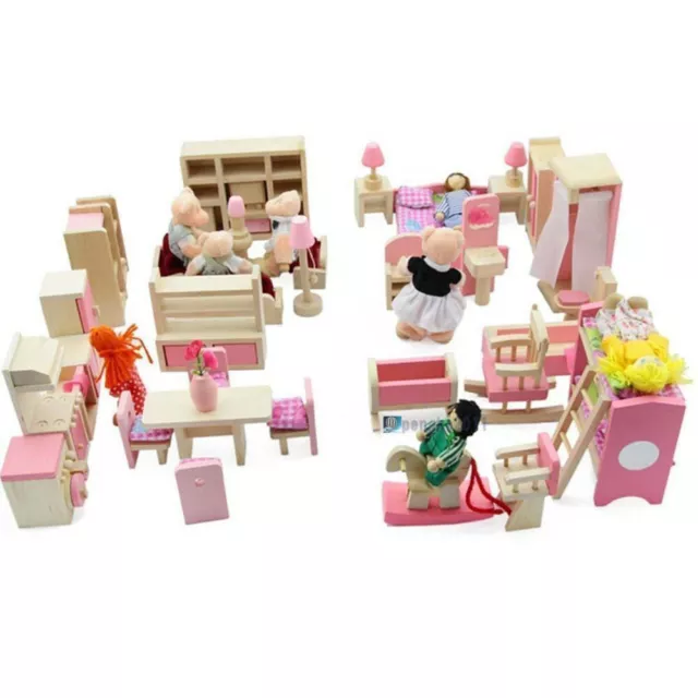 Wooden Dolls House Family Dolls Room Set Miniature Furniture For Kids Gift UK