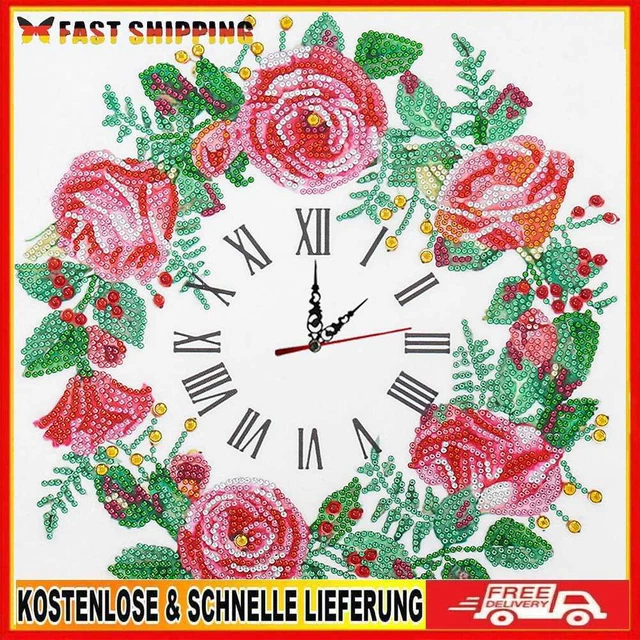 Aisen Wanduhr, Blumen, Diamond Painting, 5D, Kreuzstich, Diamant-Stickerei, Kuns