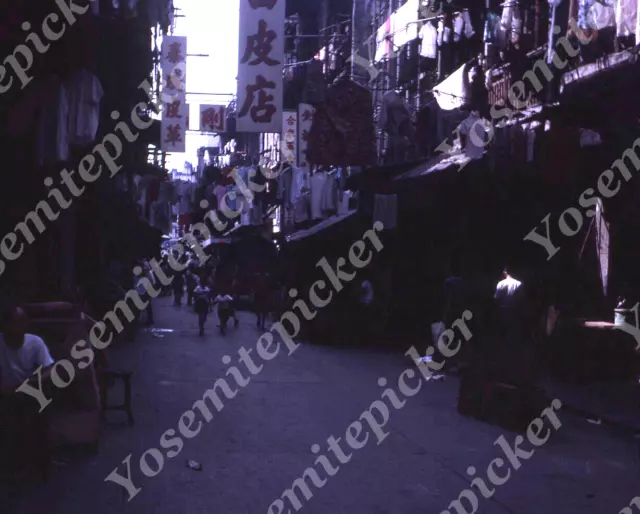 Sl69 Original slide 1967 Hong Kong Downtown stores hanging laundry sidewalk 189a