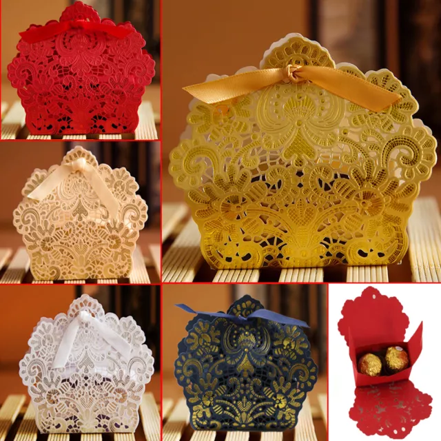 20/50/100X Lace Laser Cut Wedding Party Favor Sweet Candy Gift Boxes with Ribbon