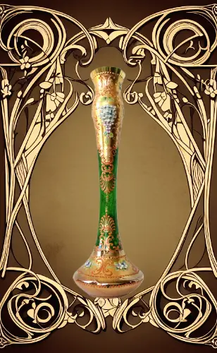 Art Nouveau Ludwig Moser Antike Handbemalte Blumendekor Gold-Grün Jugendstilvase