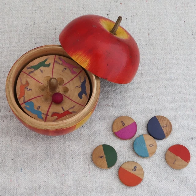 Vntg Primitive Hand Painted Folk Art Wood Apple Horse Racing Roulette Wheel Game