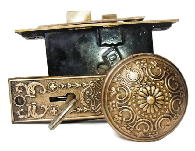 Antique Door Set Victorian / Eastlake Backplate Knob Mortise Lock Key Reclaimed 4