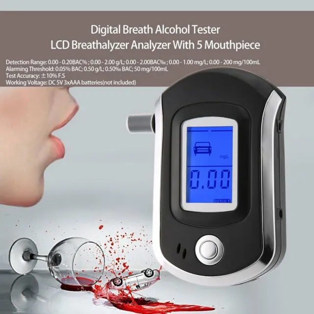 Portable Digital Breath Alcohol Tester LCD Breathalyzer Analyzer W/ 5 Mouthpiece
