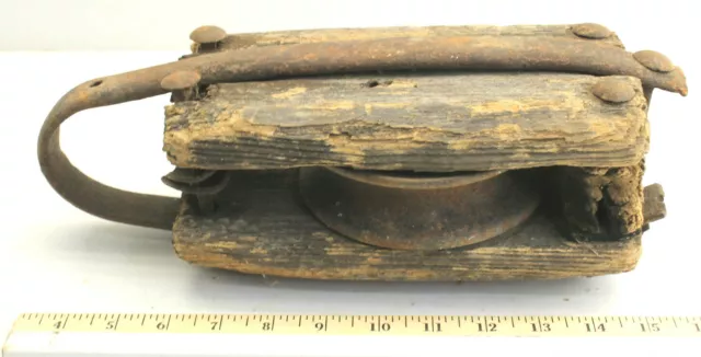 Primitive Antique Roller Shackle Upstate NY CNY Barn Loft Cast Iron & Wood