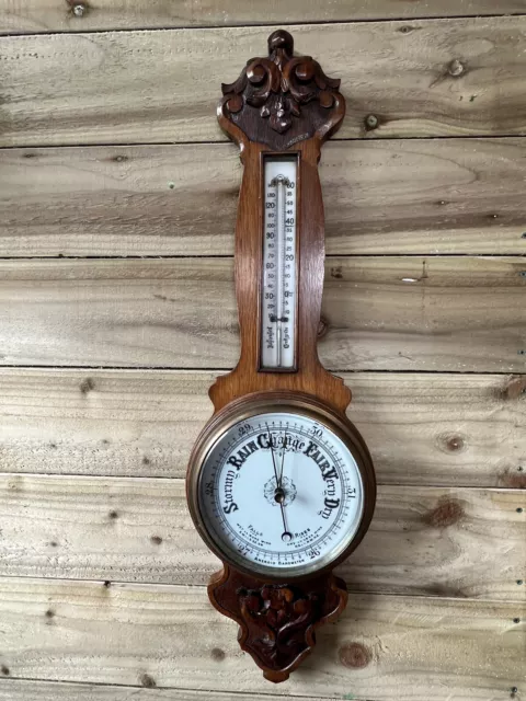 Antique Aneroid Barometer & thermometer Large Banjo Carved Oak Wall C:-1900s.