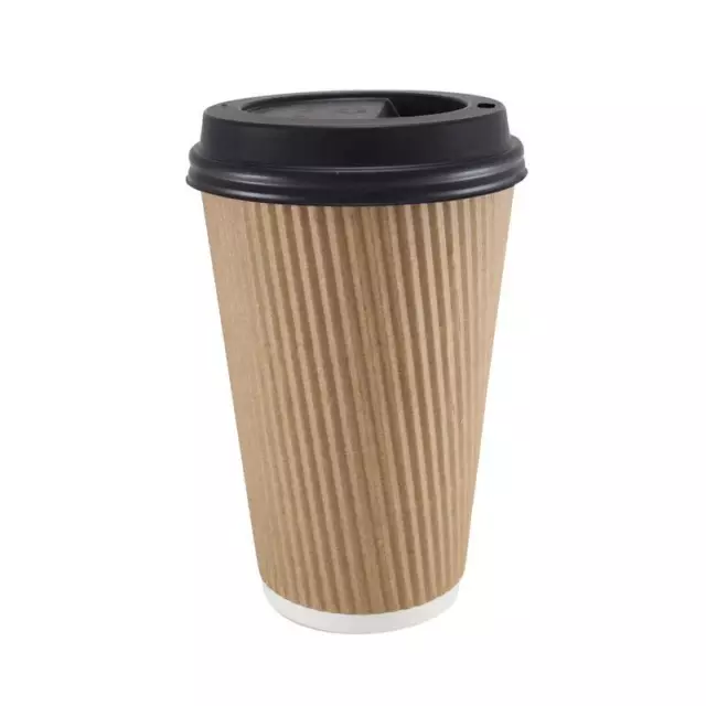 100 x 16oz Brown Paper Coffee Cups Kraft Ripple 3 Ply + Black Lids