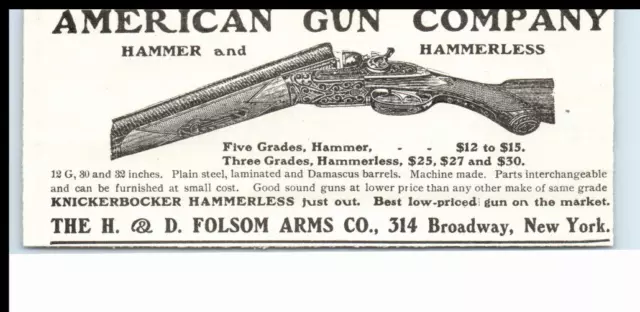 1904 Original Gun Print Ad American Gun Co Hammer and Hammerless D. Folsom Arms