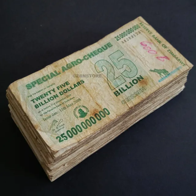 100 x 25 Billion Dollars Zimbabwe Special Agro Cheque DAMAGED 2008 Authentic COA