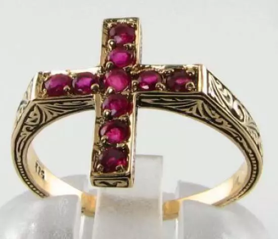 RELIGIOUS 14K GOLD INDIAN RUBY CROSS CRUCIFIX ART DECO INS RING Size Q US 8.25