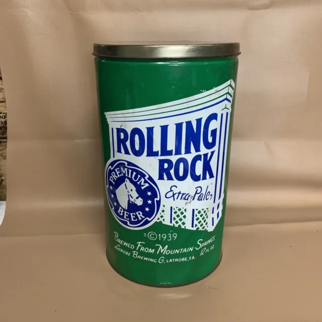 ROLLING ROCK BEER VINTAGE TIN STORAGE CAN Latrobe Brewing 13 1/2” Tall with Lid