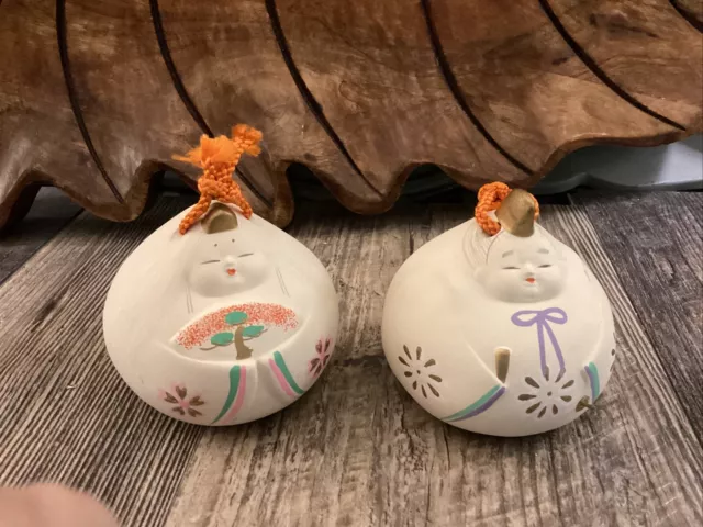 Japanese Clay Bell Pottery Dorei Vintage Man Woman Lucky Charm Fortune Dumplings