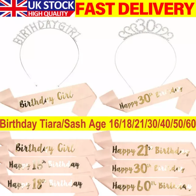 Birthday Silver Rhinestone Tiara Crown Rose Gold Sash 18/21st/30/40th Party UK