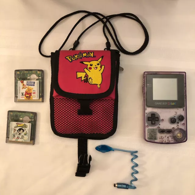 TESTED Nintendo Game Boy Color- Atomic Purple with 2 games, worm light and case