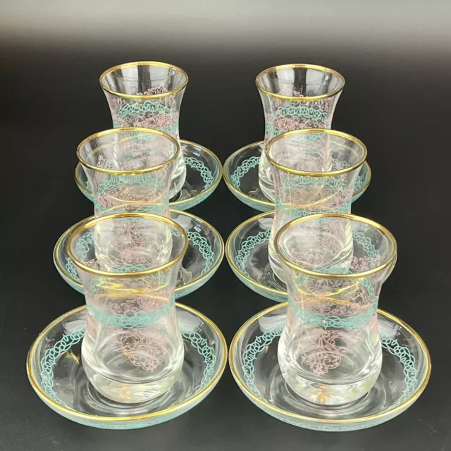 6pc Set Turkish Demitasse Glass Tea Cups & Saucers Gold, Pink & Turquoise Blue