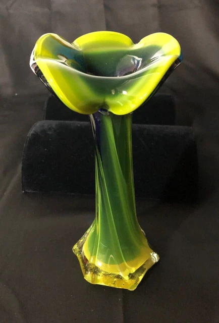 Hand Blown Art Glass Bud Vase Swirled Green, Yellow and Blue,  8" tall