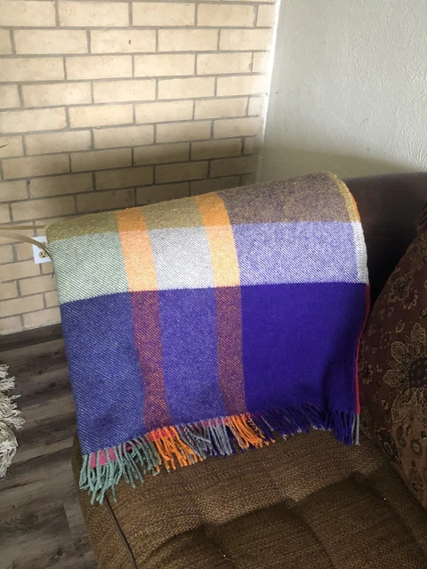 Ikea  100% Wool Blanket Throw Plaid 46x60” Fringes Navy Orange Green Gray EUC