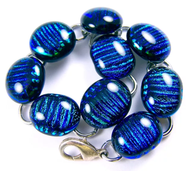 DICHROIC Glass Cabochon Link Bracelet Teal Green Blue Striped Texture 15mm/ 7.5"