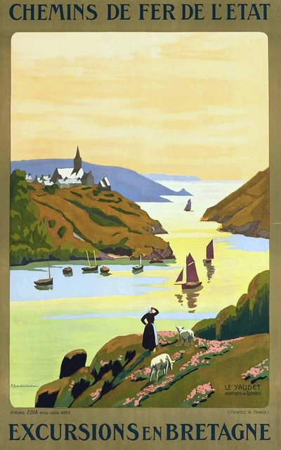 Affiche Ancienne Chemin De Fer De L'Ouest - Excursions Normandie Bretagne Jersey Et Mont Saint-Michel